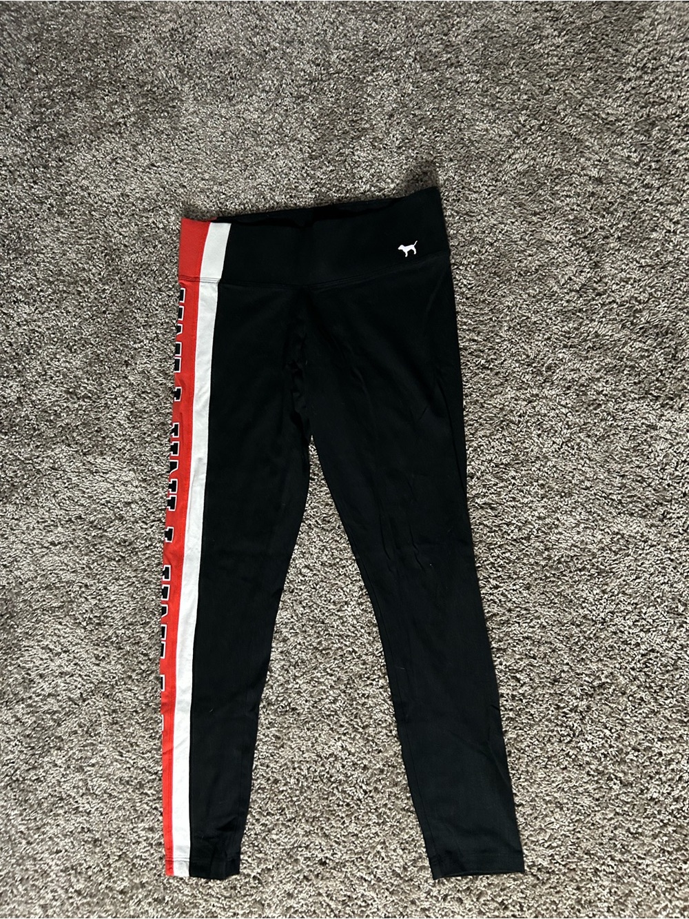 PINK Victoria's Secret Black Leggings with Red and White Side Panel